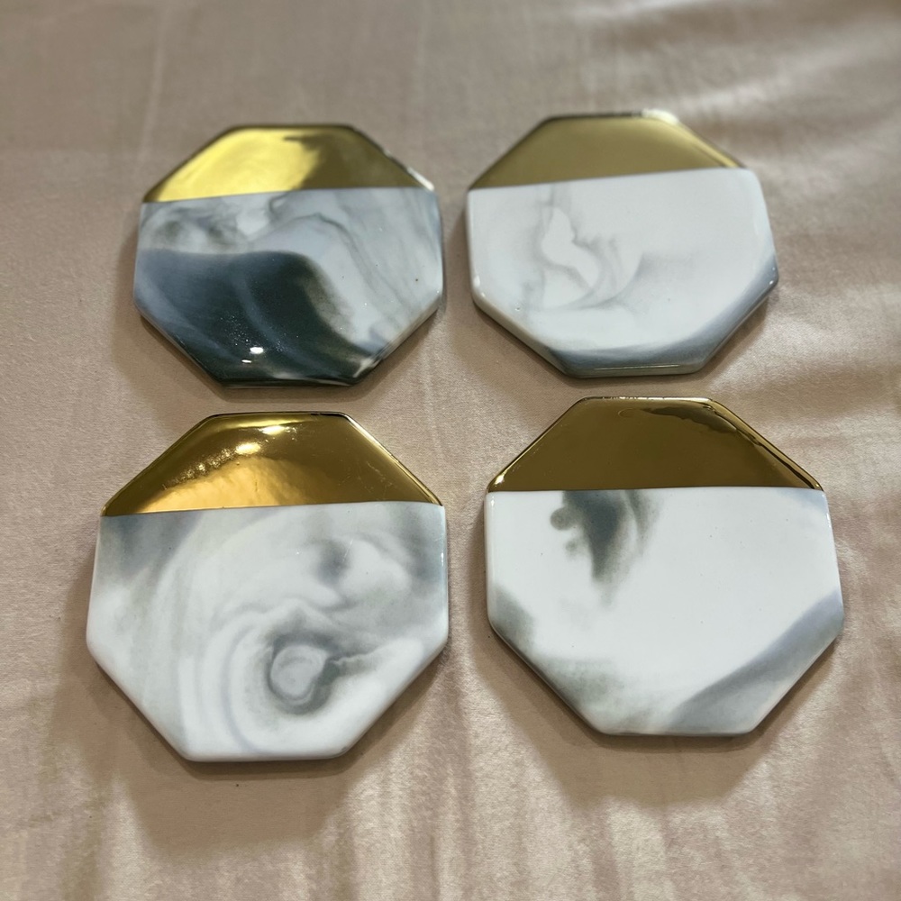 New Set of 4 Ceramic Coasters- Marble and Gold